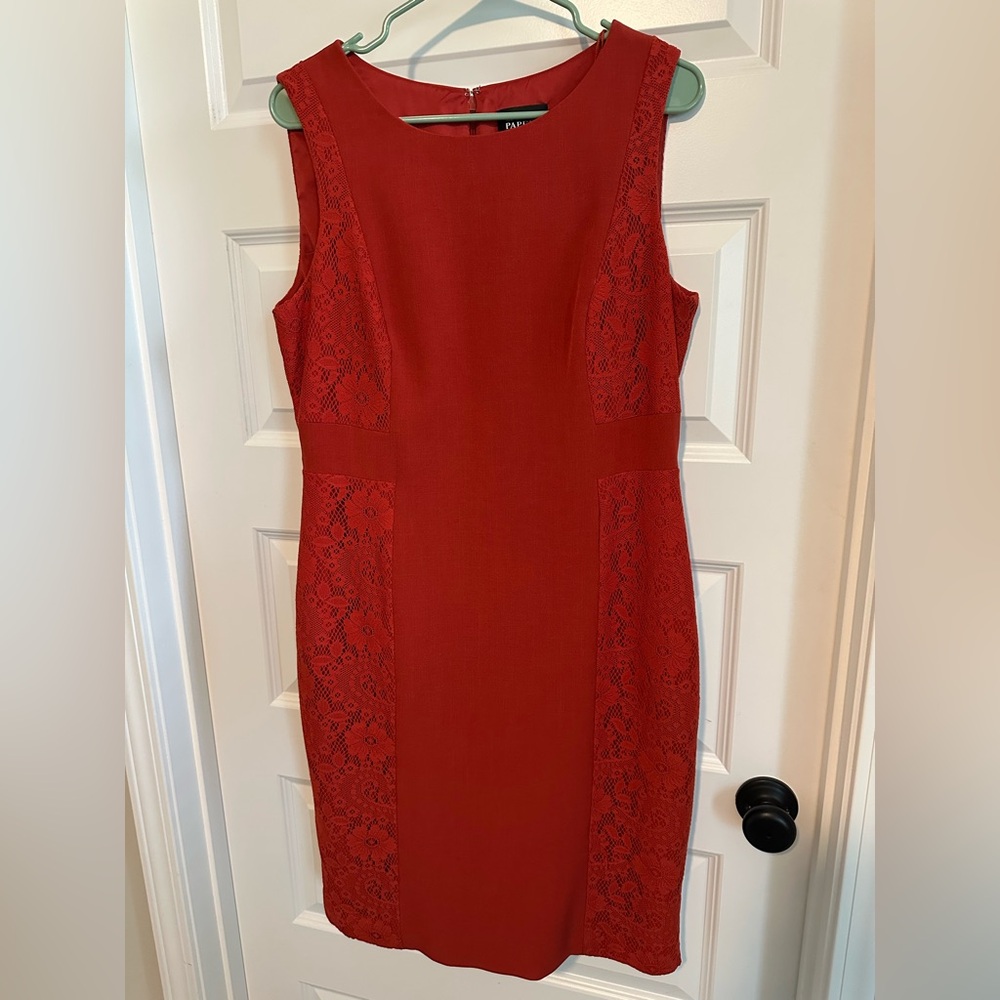 Adrianna Papell‎ Women's Size 14 Red/Orange Lace Paneled Sheath Dress Sleeveless